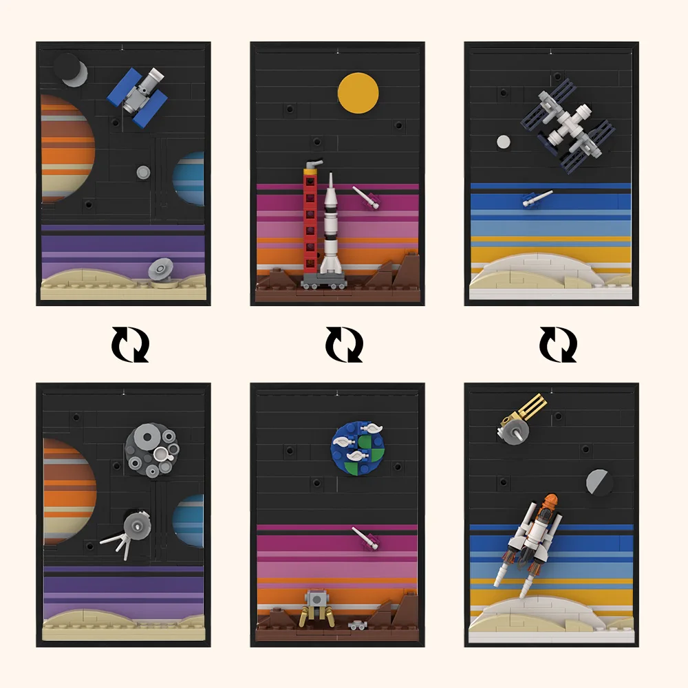 Diy Electronics Art - Moc-宇宙物語はがきモデル,ビルディングブロック,月の探検,ロケット,旅行,宇宙船,レンガ,装飾芸術,絵画,子供のおもちゃ
